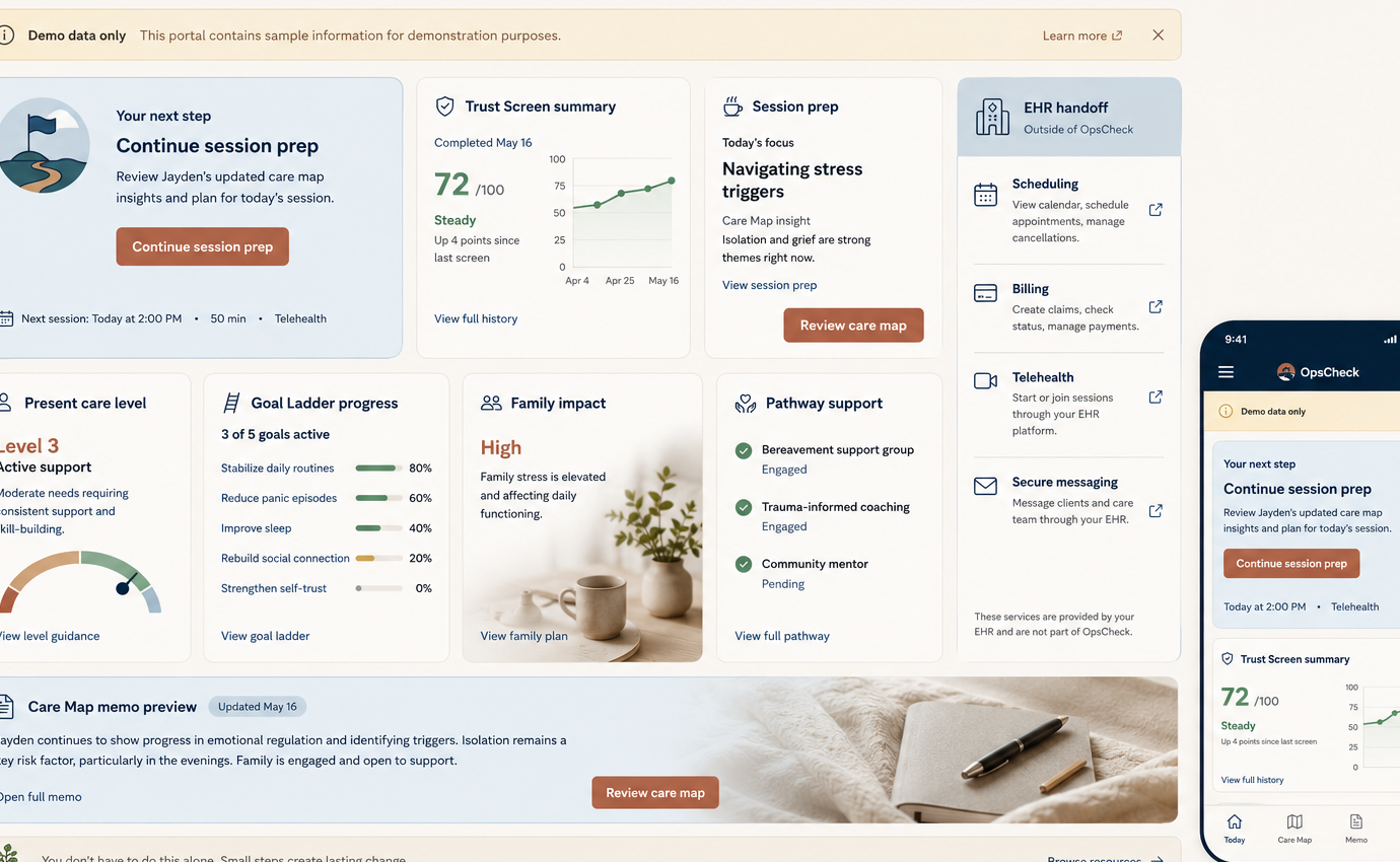 OpsCheck Care Map portal showing next-step guidance, care map summary, and EHR handoff links.